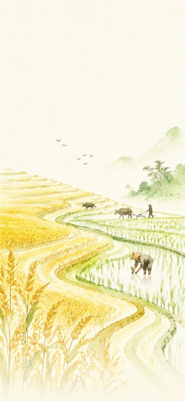 参考原图风格，只保留背景画面内容，去掉图中所有文字信息，保留梯田、水田、农夫耕牛、水稻、远山飞鸟的国风水墨画内容预览效果