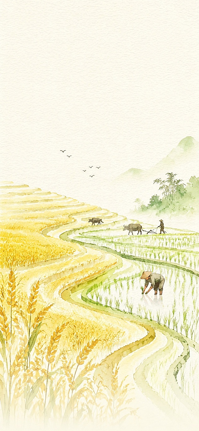 参考原图风格，只保留背景画面内容，去掉图中所有文字信息，保留梯田、水田、农夫耕牛、水稻、远山飞鸟的国风水墨画内容