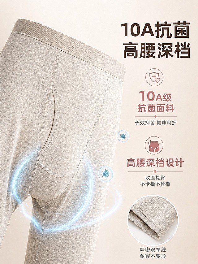 [主图-4] 10A抗菌+高腰深档结构展示图，主题为展示秋裤的抗菌功能和高腰深档版型优势，无模特。
[统一基调] 淘宝/天猫专业品质风格，整体色调以柔和米杏色为主，搭配浅粉紫点缀，背景为浅米色渐变柔光背景，干净高级。标题字色为深咖色，辅助字色为中灰色，强调色为豆沙粉。字体为简洁现代无衬线粗体，字号层级分明。卡片样式为圆角细线边框，轻盈不厚重。
[画面] 画面主体为秋裤的腰头和裆部特写，斜侧角度展示高腰设计和深档剪裁，占画面约60%，位于画面左侧。腰头平整，松紧带宽度适中，裆部缝线工整，体现立体剪裁。右侧留负空间排版文字和抗菌功能说明。可在画面中加入轻微的抗菌防护视觉元素，如淡蓝色微光护盾效果环绕在裆部区域，含蓄表达抗菌功能，不夸张。画面下方可局部展示裤脚双车线做工细节的小圆形放大框，体现工艺品质。
[光影质感] 商业静物摄影质感，柔和侧光突出腰头的立体感和裆部的剪裁结构，缝线清晰可见，面料质感细腻，整体干净整洁。
[配色] 产品浅杏色，背景浅米色渐变，抗菌微光元素用淡蓝色，文字深咖色，强调数据用豆沙粉色。
[文字版式] 右侧上方大主标题"10A抗菌 高腰深档"，深咖色加粗大字。主标题下方分两部分：上部分讲抗菌，"10A级抗菌面料"大字突出，配小字"长效抑菌 健康呵护"；下部分讲版型，"高腰深档设计"大字突出，配小字"收腹提臀 不卡裆不掉裆"。文字分块排版，层次清晰，关键数据字号放大醒目。底部小圆形放大框旁标注"精密双车线 耐穿不变形"小字说明。
[输出要求] 比例3:4，文字清晰无错字，结构展示清晰，工艺细节真实。负向：禁止模特、禁止人物、禁止水印、禁止平台Logo、禁止夸张医疗效果表述、禁止产品变形、禁止模糊。