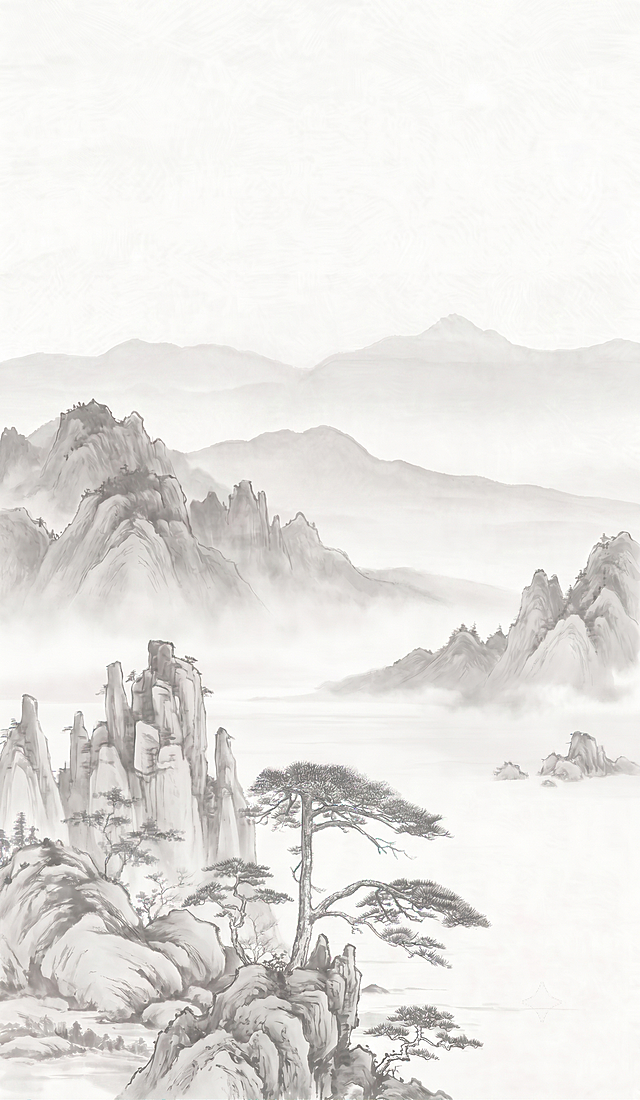 保持水墨黄山风格，降低整体颜色浓度让颜色更淡，缩小前景的山体尺寸，保留整体构图，作为合适的背景图使用