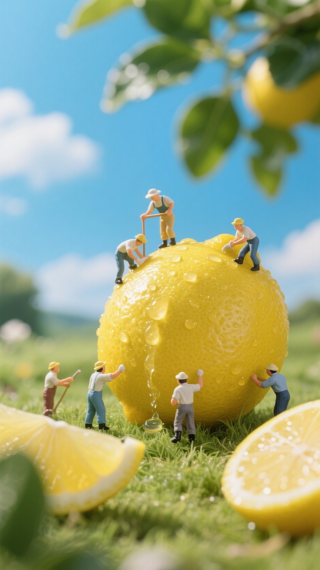 清新3D风，微缩艺术展现柠檬园，小人忙碌场景生动有趣。