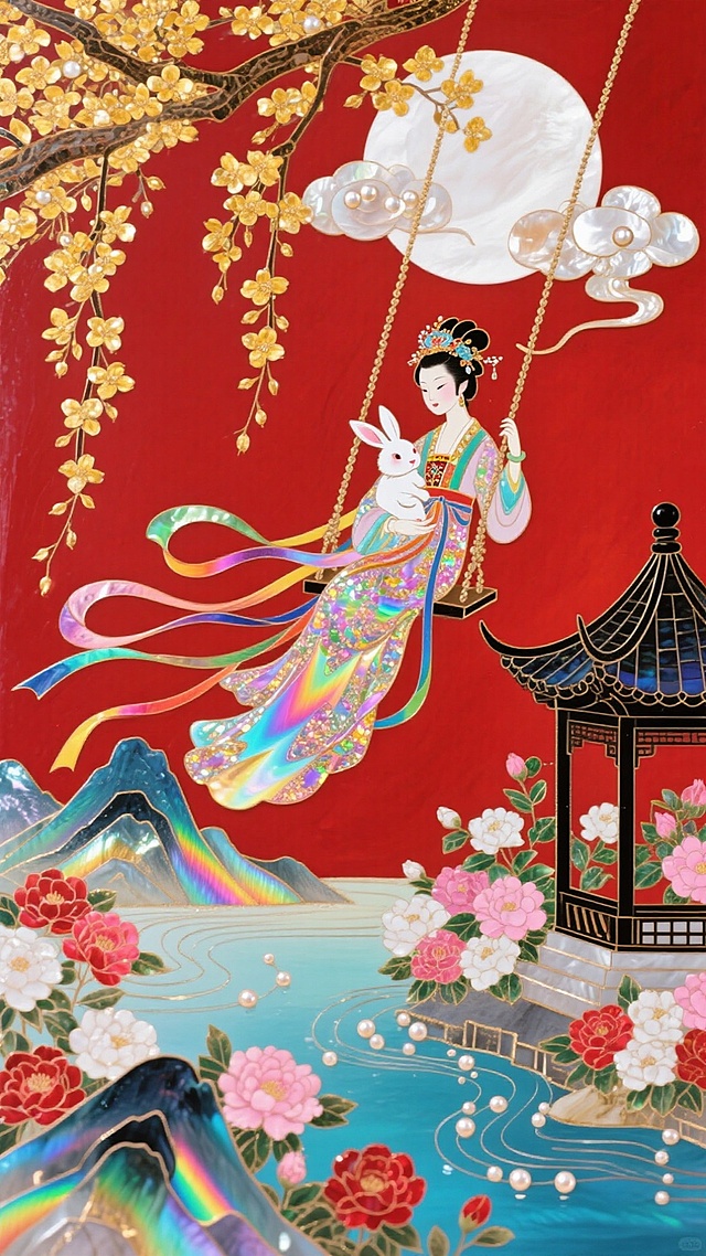 画面呈现国风插画风格。主体是一位身着华丽飘逸、带有幻彩光泽古装的女子，发髻精致，头戴装饰，怀抱白兔，正坐在一根挂在树枝上的秋千上荡漾，身后飘着彩色飘带。背景中，在画面上方有一轮巨大的白色满月，旁边伴有几朵带有珍珠光泽的云朵。大面积的红色背景，其上垂下繁茂的金黄色花枝。画面右下方是一座传统中式黑瓦飞檐的凉亭，凉亭周围盛开着色彩丰富的花朵，有粉色、红色、白色等，花丛旁是波光粼粼的水面，水中有线条勾勒出的波纹，画面左下角还有几座带有幻彩效果的山峦。整体构图饱满，视角为平视，营造出一种浪漫、梦幻且富有古典韵味的氛围。