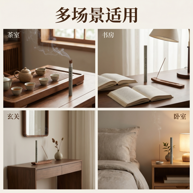 [主图-4] 西澳檀香多场景适用宫格展示，适配多空间使用场景。
[氛围风格] 生活化禅意氛围，温馨自然真实居家场景；
[画质] 商业摄影质感，光线柔和通透，产品清晰真实，画面干净高级。
[元素] 整体预览效果