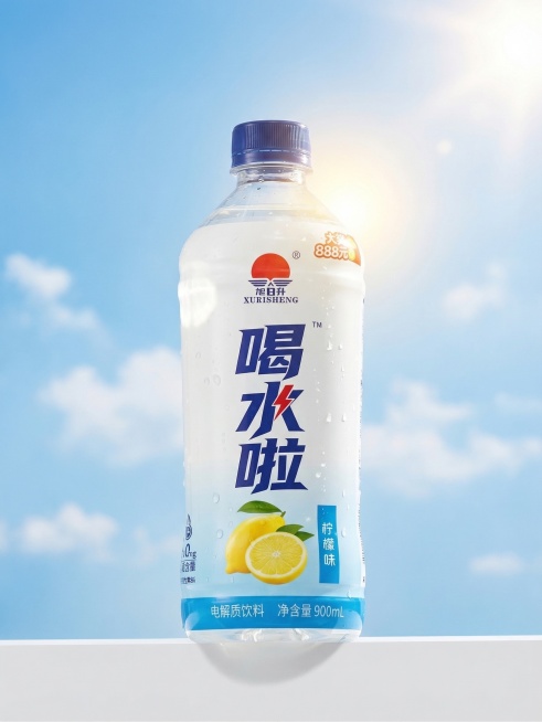 参照图3的干净清爽商业摄影风格，将图2的柠檬味电解质饮料放置在画面中，背景为明亮的蓝天白云和太阳，光线自然柔和，产品清晰完整，高清晰度，质感真实，整体画面清新通透，符合商业产品摄影的高品质效果预览效果