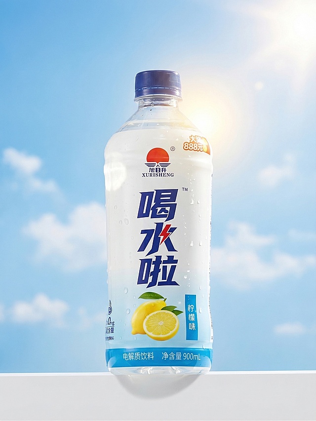 参照图3的干净清爽商业摄影风格，将图2的柠檬味电解质饮料放置在画面中，背景为明亮的蓝天白云和太阳，光线自然柔和，产品清晰完整，高清晰度，质感真实，整体画面清新通透，符合商业产品摄影的高品质效果