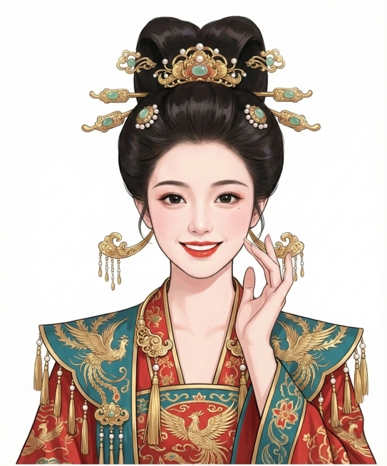 保持画风不变，更换女生为另一张漂亮的脸，更换不同款式的高发型，服装更换为同色系装饰的不同款式凤披霞冠，更换动作，白色背景，看着镜头微笑，预览效果