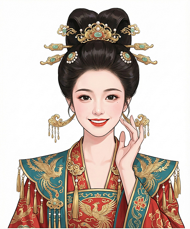 保持画风不变，更换女生为另一张漂亮的脸，更换不同款式的高发型，服装更换为同色系装饰的不同款式凤披霞冠，更换动作，白色背景，看着镜头微笑，