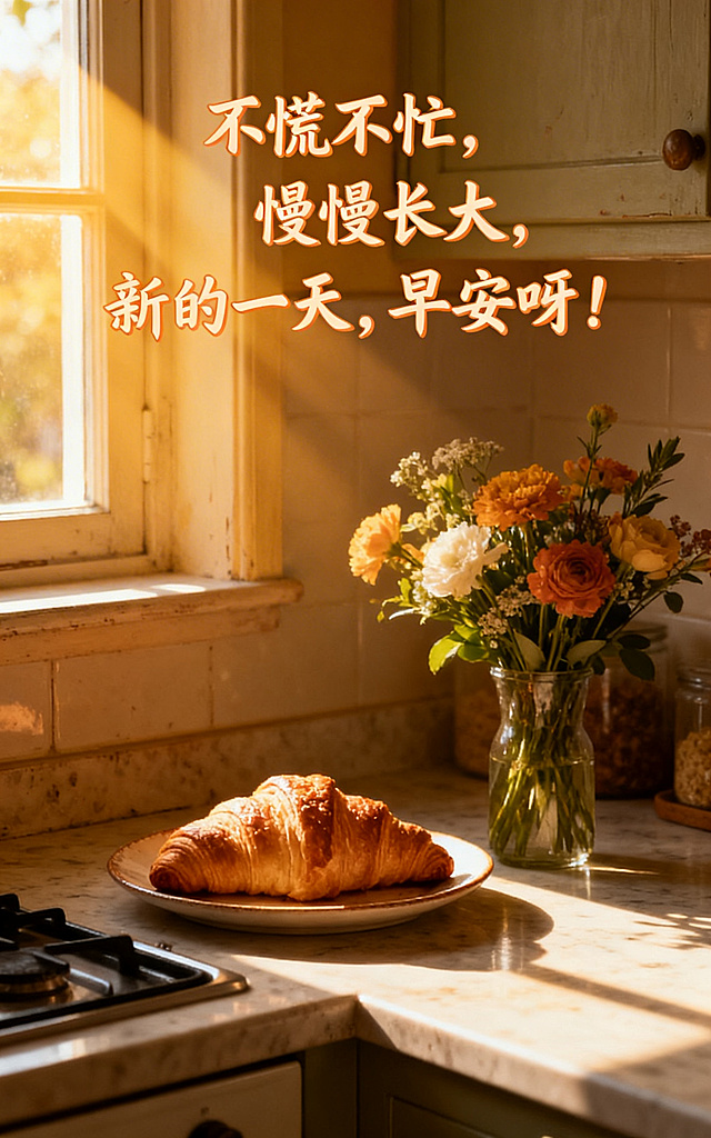 早安海报，温馨氛围感，复古厨房台面上放着新鲜出炉的可颂和鲜花，晨光从窗户照进来，添加文字"不慌不忙，慢慢长大，新的一天，早安呀！"，复古暖调，温馨治愈