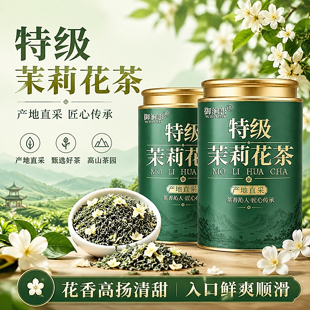 [第1屏] 详情页头图-特级茉莉花茶商品宣传头图。本屏使用【图1】作为商品主体。
[氛围/风格] 清新自然国风，绿意盎然，商业摄影质感，符合拼多多直白接地气的视觉风格
[元素布局] 两罐茉莉花茶置于画面中下偏右，占比约70%；左侧留标题区，前景搭配干茶与茉莉花瓣展示；产品罐身结构、颜色、文字与输入产品图保持一致
[光影质感] 顶部柔光照明，产品底部自然投影，罐身金属盖子保留清晰高光，整体通透干净
[配色色系] 全局底色 #f2f9f2；主色清新茶绿色；辅助色米白色背景，金色标题字
[视角构图] 正面平视，产品为视觉中心，阅读动线左侧标题 → 主体产品 → 前景茶叶
[文字版式] 版式为左文右图 + 前景装饰。主标题「特级茉莉花茶」，副标题「产地直采 匠心传承」，加粗金色茶绿色字左对齐；底部信息区标注核心卖点「花香高扬清甜 入口鲜爽顺滑」，文字清晰不遮挡主体
[比例分辨率] 1:1 方图，4K分辨率，文字清晰可辨，高清画质
[负向提示词] 产品变形，缺件错件，颜色偏差，包装文字错乱，水印，文字过小，背景杂乱