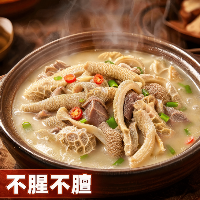 [主图-4] 羊杂成品出锅场景展示，增强食用代入感；[氛围风格] 热气腾腾美食场景，诱人食欲；[画质] 高清美食摄影，质感真实，色彩诱人；[元素] 砂锅中炖煮好的羊杂，汤色奶白，羊杂分量满满，表面点缀预览效果