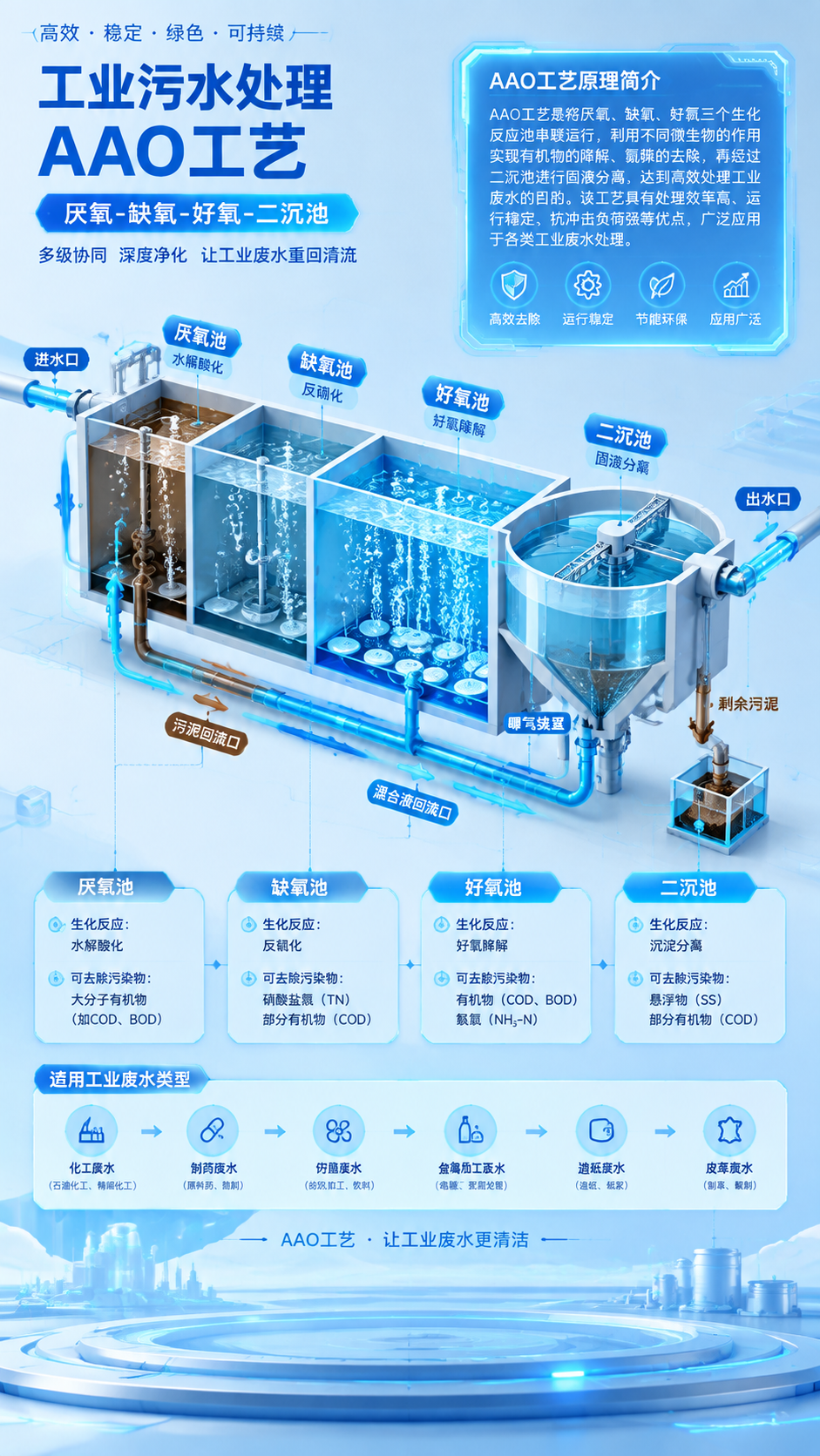 工业污水处理AAO工艺3D等距剖面图原理示意图概念图，明亮浅蓝… - 图片创意预览