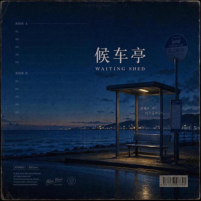 在这张黑胶唱片封面添加中文文字"候车亭"，并在中文下方添加对应英文"WAITING SHED"，保持原有蓝调夜晚海边公交站风格，不改变其他设计元素
