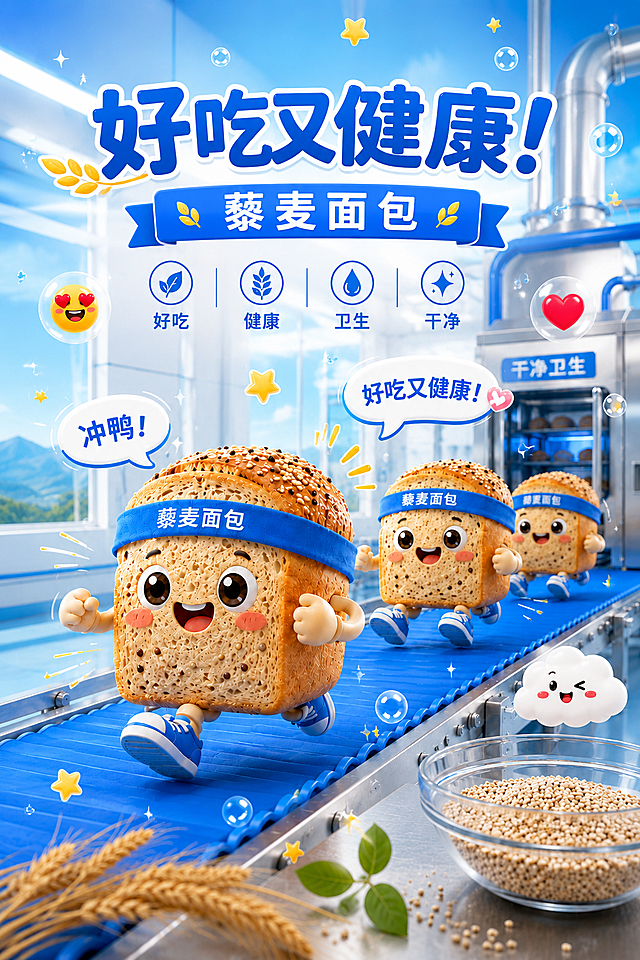 保持现有画面内容、可爱风格不变，调整为竖版构图，保留几个跑步的卡通藜麦面包，干净蓝色工厂，突出好吃健康