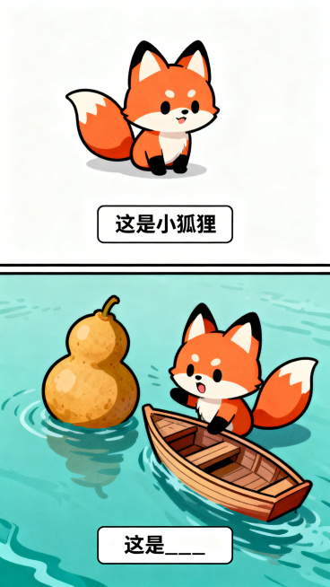 日系搞笑纵向双格漫画，上半格：Q版可爱的小狐狸，极简背景，底部白色矩形框黑字写“这是小狐狸”；下半格：小狐狸、一个葫芦、一艘小舟强行组合在一起，呈现荒谬互动，底部白色矩形框黑字写“这是____”，线条预览效果