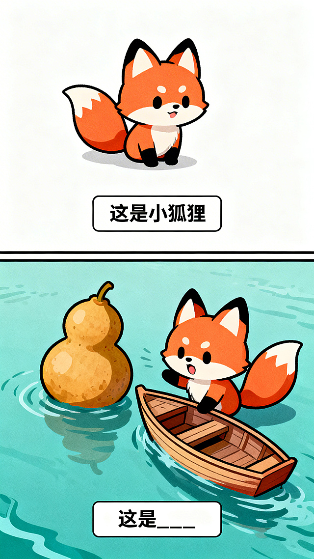 日系搞笑纵向双格漫画，上半格：Q版可爱的小狐狸，极简背景，底部白色矩形框黑字写“这是小狐狸”；下半格：小狐狸、一个葫芦、一艘小舟强行组合在一起，呈现荒谬互动，底部白色矩形框黑字写“这是____”，线条清晰，色彩鲜明