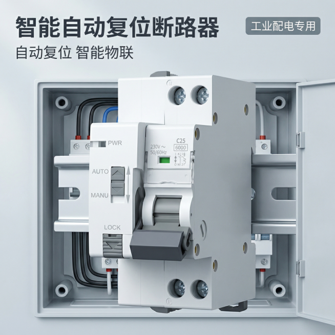 [主图1 首图] 智能断路器产品首图，简约严谨工业配电风格，产品外观与原图保持100%一致，将产品融入干净的工业配电箱场景中，产品居中放置，主体占比约60%，画面干净专业。配色采用浅灰工业背景搭配产品预览效果