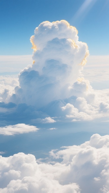 高空俯拍视角，纯净白色云海间，层次丰富的蓝色渐变蔓延，巨大蓬松积云似棉花糖堆叠，云层边缘在阳光照耀下显柔和金边，温暖光线穿透云层呈微妙明暗对比，宁静壮丽且符合现实逻辑的干净风格云海背景素材预览效果