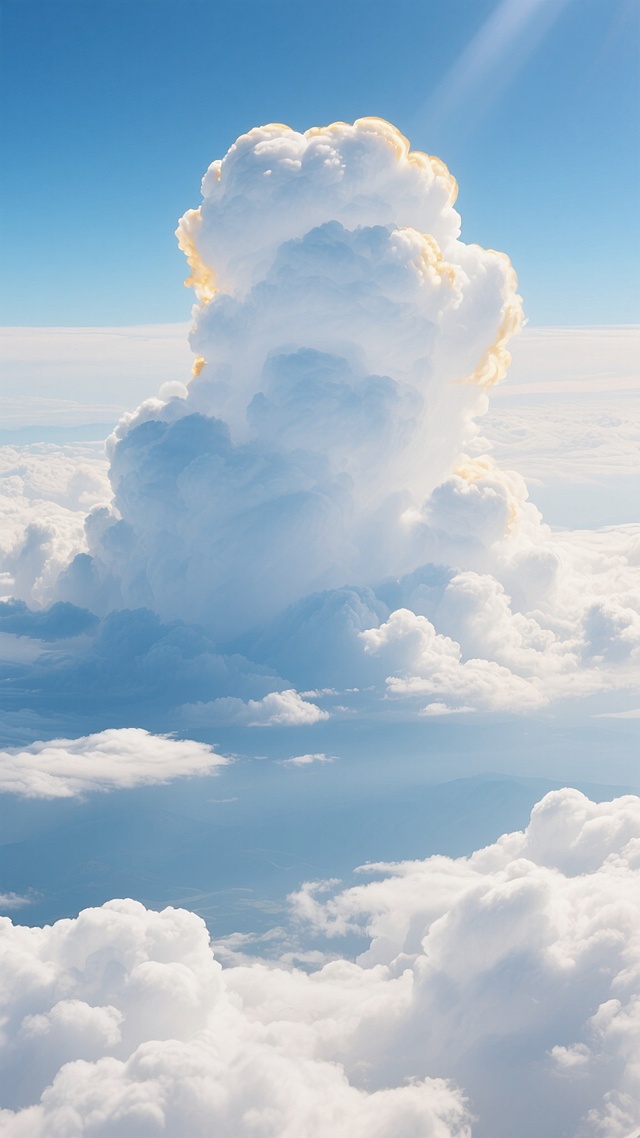 高空俯拍视角，纯净白色云海间，层次丰富的蓝色渐变蔓延，巨大蓬松积云似棉花糖堆叠，云层边缘在阳光照耀下显柔和金边，温暖光线穿透云层呈微妙明暗对比，宁静壮丽且符合现实逻辑的干净风格云海背景素材