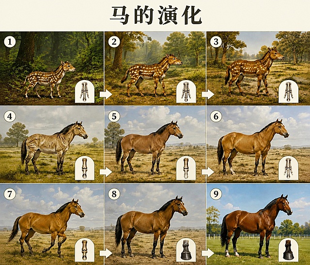 将标题"马的演化"的底色更换为米白色，保留所有现有元素（序号圆圈、9个马进化图像、脚趾骨骼对比）不做其他修改，尺寸保持2700*2300不变，风格保持自然写实