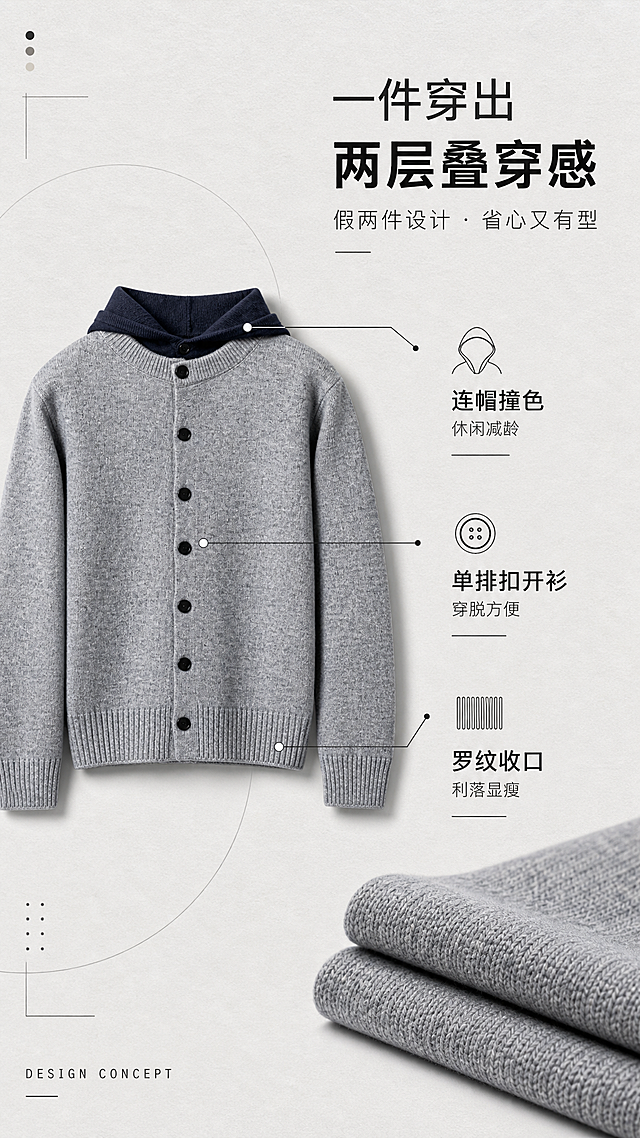 [第2张] 设计理念页-假两件叠穿结构解析。本张使用【图1】作为商品主体。
[氛围/风格] 极简高级设计感，杂志内页排版，干净克制有呼吸感，商业摄影质感。
[元素布局] 灰色假两件连帽针织开衫正面置于画面左侧，占比约50%，保持原款结构、材质、颜色完全一致；右侧用引线标注方式拆解三大设计亮点：①连帽假两件（指向藏青连帽部位）②单排黑扣门襟（指向纽扣区域）③罗纹收边（指向袖口和下摆）。背景为浅灰色肌理纸面，点缀细线条、小圆点和极简几何图形增加设计感，底部放置折叠的同色系针织面料小样。
[光影质感] 顶部均匀柔光，左右对称补光，阴影柔和偏浅，突出针织纹理和结构线条，整体干净明亮。
[配色色系] 全局底色 #EFEFEF 浅灰；主色花灰+藏青；辅助色黑色线条、深灰文字、米白点缀。
[视角构图] 正面平视，左产品右信息的左右分栏构图，阅读动线从左到右。
[文字版式] 标题字形为无衬线粗体+细体组合。右上主标题「一件穿出 两层叠穿感」，副标题「假两件设计 · 省心又有型」；右侧三个信息点配小图标：「连帽撞色 休闲减龄」「单排扣开衫 穿脱方便」「罗纹收口 利落显瘦」，每点配1个极简线性图标；底部小号英文「DESIGN CONCEPT」。
[比例分辨率] 9:16 竖版比例，2K分辨率，文字清晰可辨，高清画质。
[负向提示词] 衣身变形，结构错误，颜色偏差，水印，文字错乱，产品图模糊，纽扣数量不对，连帽款式错误。