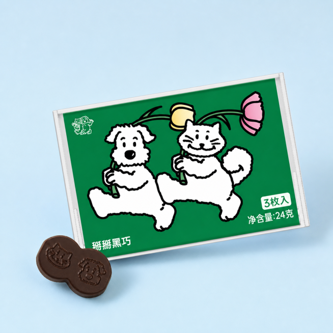 模仿参考图1，将这张掰掰黑巧包装和巧克力优化成清晰精修效果，保持所有图案文字和产品样式不变，背景换成浅蓝色，整体光线干净柔和，和参考图效果一致预览效果