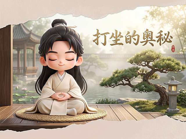 根据参考图片人物五官，制作Q版封面，主题为“打坐的奥秘”，Q版可爱简洁风格，带有古色古香的韵味，人物在画面中打坐，整体氛围宁静禅意，自由延展画面，主题文字“打坐的奥秘”放置在封面合适位置