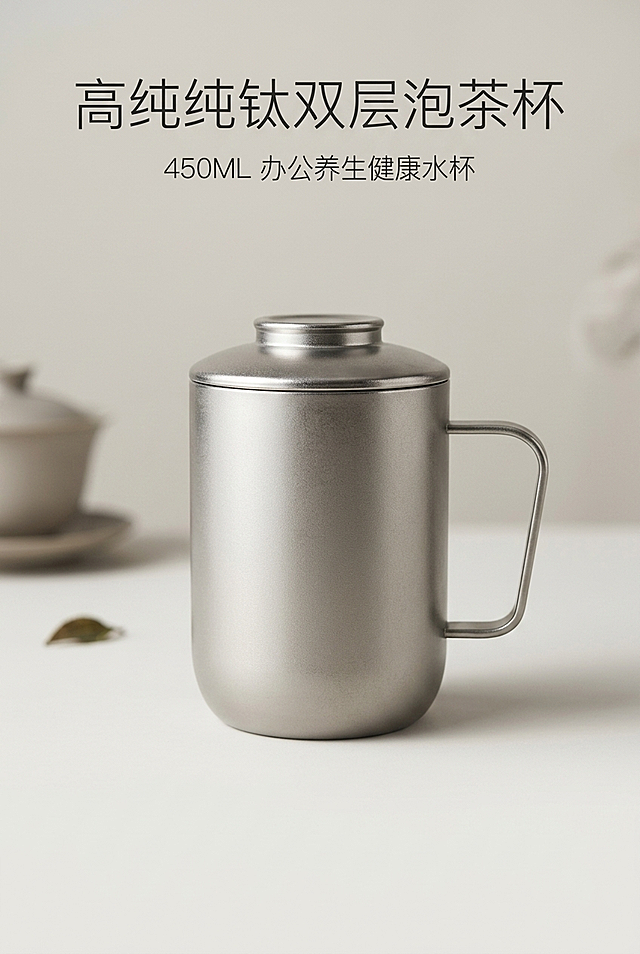严格还原上传的纯钛泡茶杯产品图，包括包装设计、颜色、LOGO 位置、文字内容、图案元素等所有细节，去掉无关的背景杂物或者手，产品实际尺寸：口径 8cm、高度 10.8cm、容量 450ML，产品实物尺寸比例保持 1:1，天猫高端轻奢详情页格调，整体简约统一高级质感，简约轻奢哑光质感风，浅米灰渐变哑光纯色背景，居中对称排版，画面中心摆放完整带盖纯钛泡茶杯，45° 经典产品展示角度，柔光侧打光影凸显杯身天然钛结晶肌理，哑光钛银金属细腻质感，画面上侧居中主标题："高纯纯钛双层泡茶杯"，副标题居主标题下方："450ML 办公养生健康水杯"，标题采用无衬线极简文字 + 细体留白文字效果，大面积留白设计，低饱和莫兰迪配色，轻奢茶室极简软装场景，8K 商业静物摄影，画质锐利，景深柔和虚化，天猫高端日用品视觉调性，无冗余装饰元素，不要出现人手、杂乱摆件、花哨配色、卡通图案、水印、产品形变、尺寸失调、杯身磕碰破损、杂乱文字、廉价网红布景、浓重艳丽色块