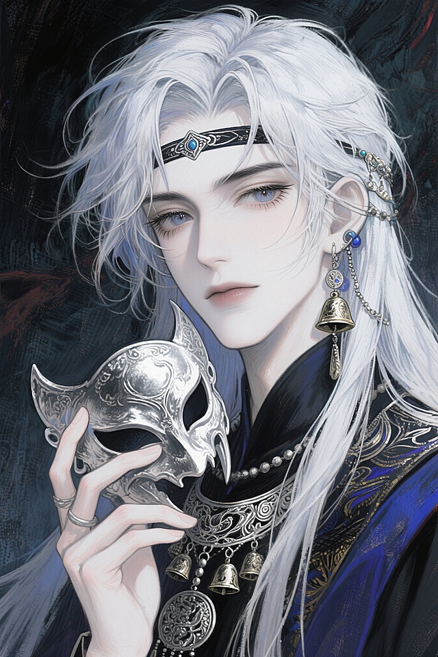 插画风格的帅哥面部特写，笔触清晰，线条分明，明暗对比强烈，具有超高清晰度和最高画质。人物有垂坠感长发，发丝蓬松，佩戴精美抹额和繁复华丽的铃铛配饰，狭长的双眼透着邪魅与极致妖孽的容貌，同时带有极致清冷感，长睫毛，绝美眼睛，面部有阴影和聚焦效果，凌乱发丝拂面，背景阴森。整体呈现艳丽的油画质感，细腻肌理，类似bjd娃娃的精致，采用仰拍视角，人物看向镜头，手中拿着银质鬼面具，画面细节丰富，带有朦胧感，微距镜头效果
