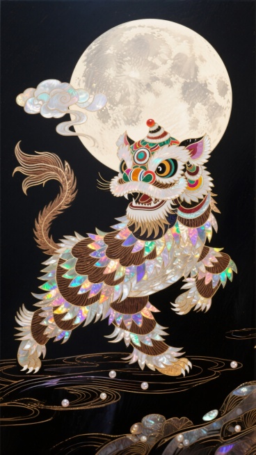 画面模仿水印木刻版画的效果，具有强烈的刀味和水墨晕染感。一只舞狮在月光下灵动起舞，狮身纹理是木刻的刀法，色彩套印略有错位，形成独特艺术感。明月和祥云运用水印的朦胧效果，整体动静结合，既有节日的欢腾，又预览效果