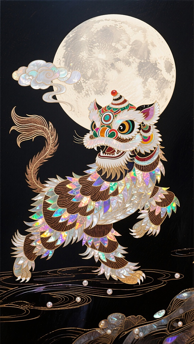 工笔风刺绣狮舞，月华映照下尽显国潮奢华，梦幻唯美的中式民族艺术。