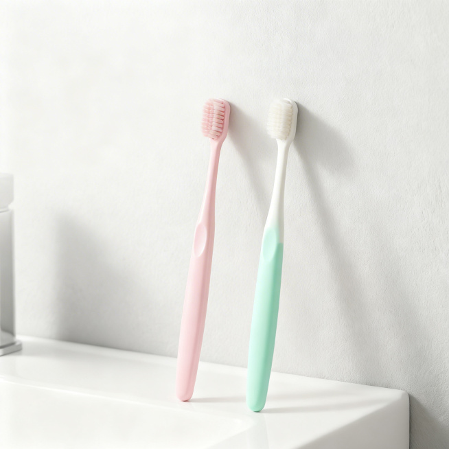 马卡龙软毛情侣牙刷主图，简约清新风格，去除所有文字，保留两支牙刷粉色和白色居中放置在极简浴室白色洗手台面上，背景是干净的浅灰色墙面，明亮柔和自然光，整体干净通透高级，产品完整展示，主体占比约60%，主预览效果