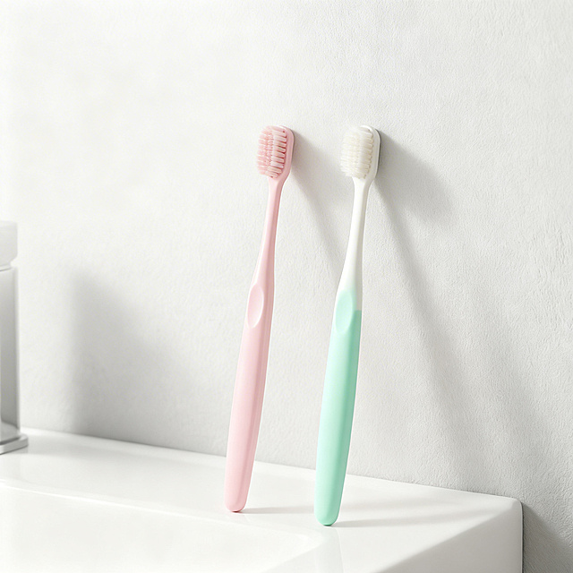 马卡龙软毛情侣牙刷主图，简约清新风格，去除所有文字，保留两支牙刷粉色和白色居中放置在极简浴室白色洗手台面上，背景是干净的浅灰色墙面，明亮柔和自然光，整体干净通透高级，产品完整展示，主体占比约60%，主色调浅灰米白，搭配产品本身粉色和薄荷绿，清新自然，画面干净无任何文字。