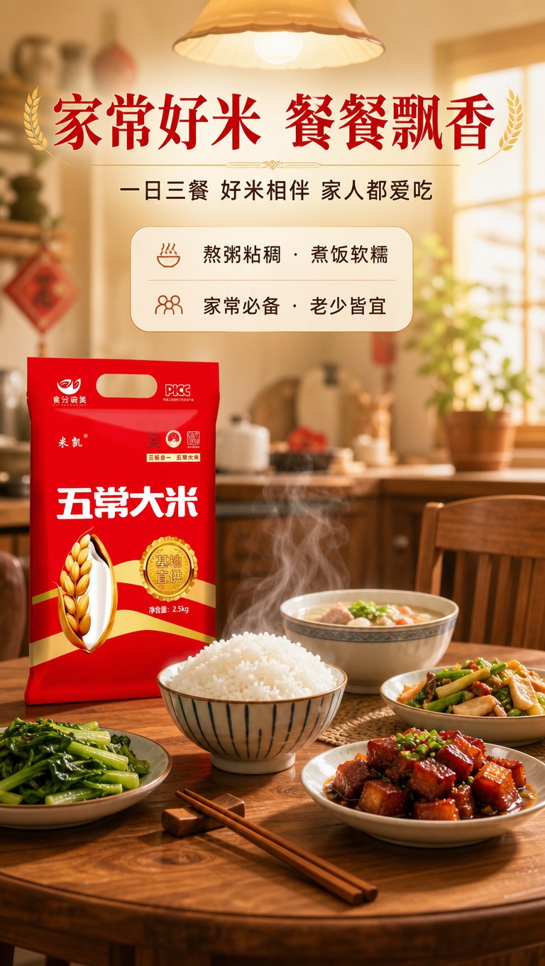 [商品] 使用【图1】五常大米红色包装袋（正面，置于画面左侧餐… - 图片创意预览