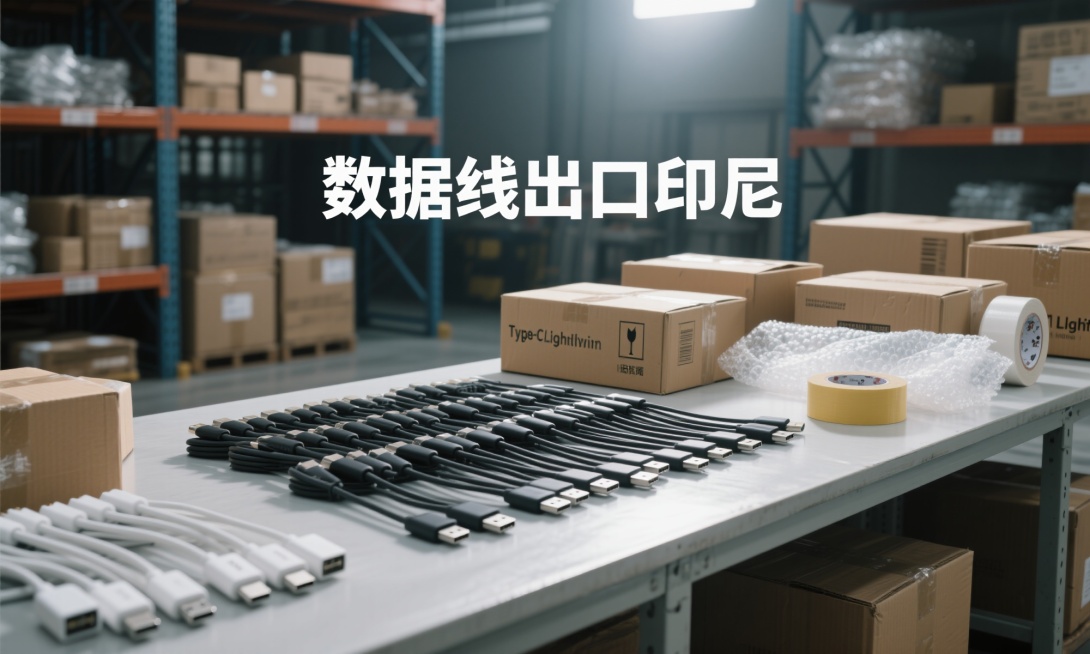 写实摄影风格的商业海报，干净的仓库包装桌上整齐排列着充电数据线（USB/Type-C/Lightning接口），旁边放着纸箱、胶带、气泡膜和出口包装材料，专业灯光，自然阴影，高细节的整洁仓库环境，画面预览效果