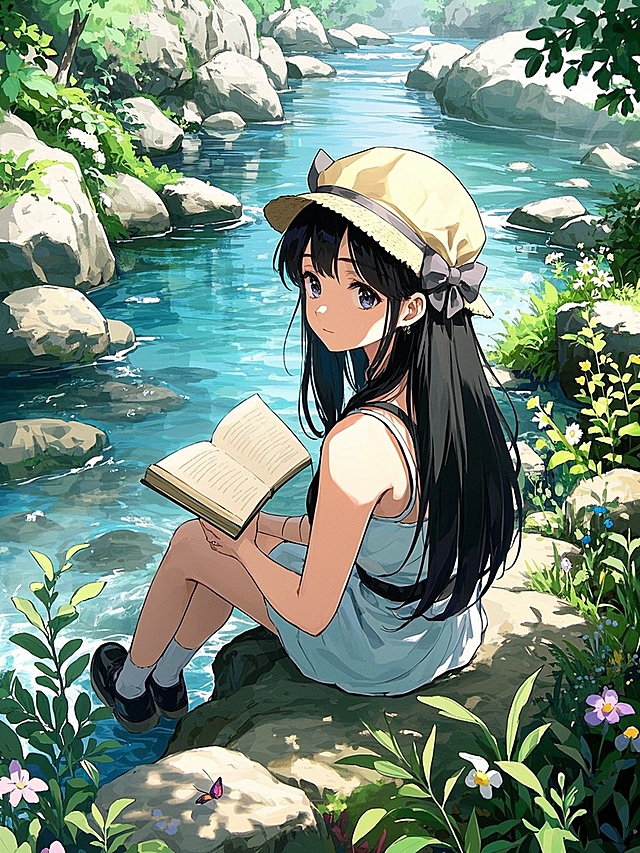 山溪边坐在岩石上的少女，有丝带的帽子，长头如瀑，黑亮发丝，闪烁着光泽，在看书，神态静谧地思考中，唯美清新风格