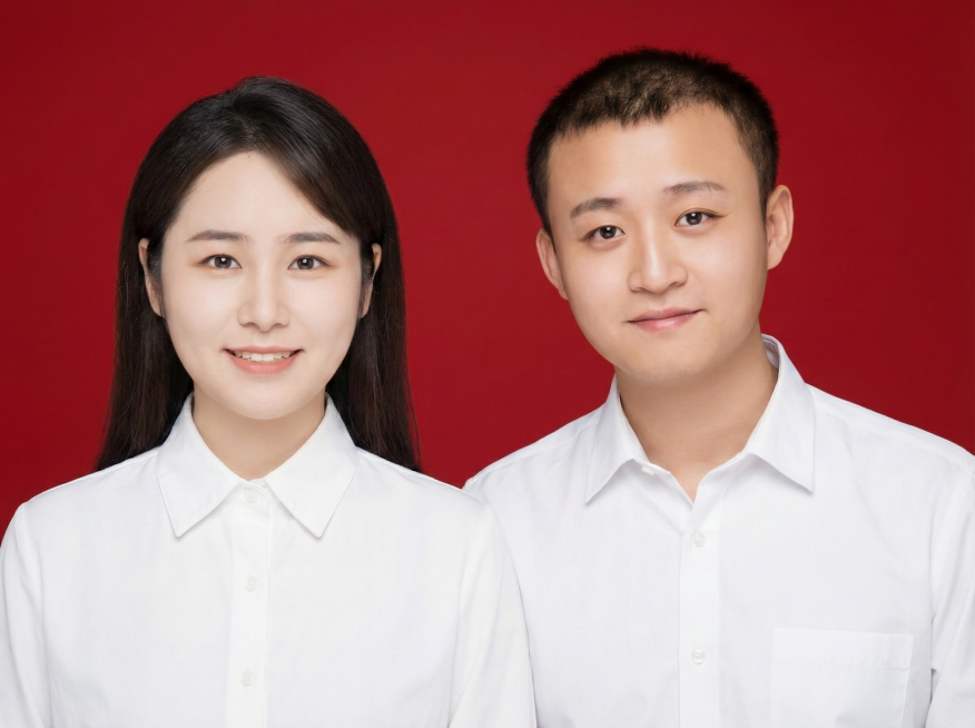 制作一张结婚登记照风格的图片，要求画面清晰、正式 。 画面中女生在左男生在右，女性五官发型保持不变穿着白色衬衣；男性五官发型保持不变穿着白色衬衫。背景为红色 。预览效果