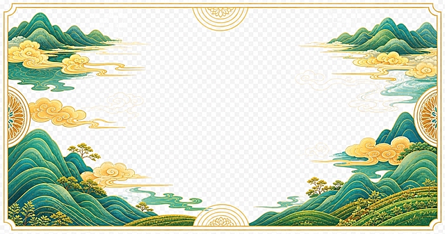 参照参考图的国潮插画风格，生成干净简洁的底图插画素材：保留山水、云纹、中式边框等核心装饰元素，去掉中间的logo和文字区域，色彩干净清爽，青绿色山峦搭配金色祥云，线条流畅，整体为对称布局的国潮风景插画，适合作为排版底图使用，插画单独成图，背景透明