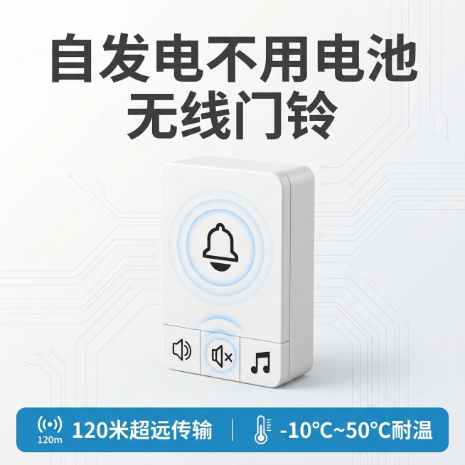 天猫主图，白色极简科技风，画面中心展示自发电门铃产品，顶部加醒目主标题"自发电不用电池 无线门铃"，底部用蓝色点缀色标注核心卖点"120米超远传输 | -10℃~50℃耐温"，产品清晰有质感，整体视觉预览效果