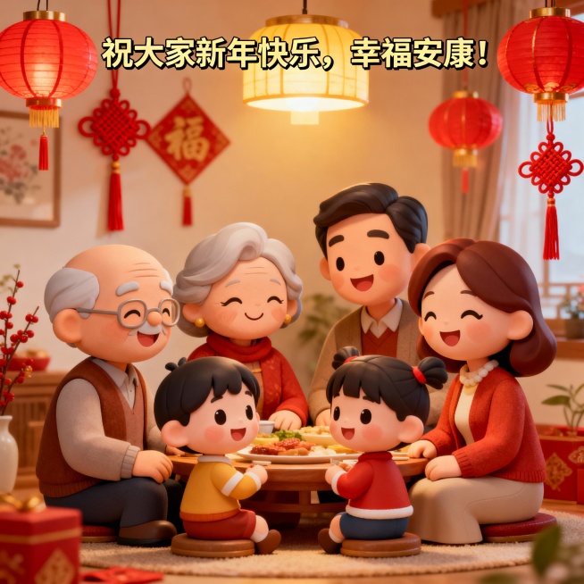 大家庭团圆包含爷爷奶奶爸爸妈妈 2个小孩，卡通形象，文字描述在最顶端， 祝大家新年快乐，幸福安康！预览效果