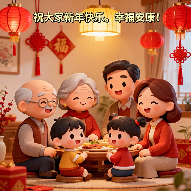 大家庭团圆包含爷爷奶奶爸爸妈妈 2个小孩，卡通形象，文字描述在最顶端， 祝大家新年快乐，幸福安康！