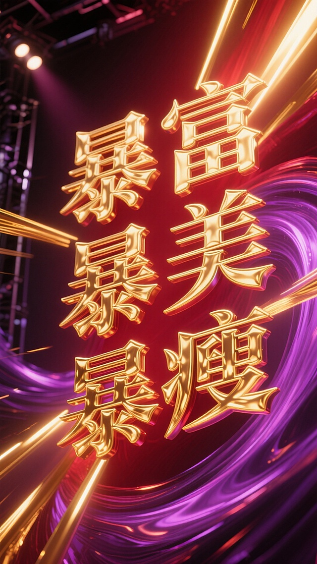 鎏金3D大字，金属质感闪耀，液态光效流动，科技感与奢华感交织，未来风舞台光影烘托，酷炫夺目。