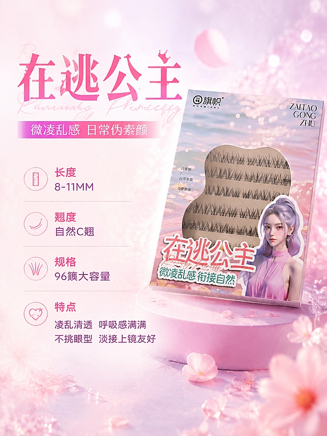 [第7屏] 分款详情页-在逃公主款详细介绍，本屏使用【图6】【图2】作为产品主体和信息来源。
[氛围/风格] 甜美梦幻少女风，通透高级美妆质感。
[元素布局] 右上放置完整产品包装，左下区域展示产品参数和特点，保留产品包装外观颜色结构与原图一致，产品占比约50%，整体透气不拥挤。
[光影质感] 柔和正面打光，产品清晰真实，文字区域明亮均匀。
[配色色系] 全局底色 #ffeef4，主色浅粉，辅助色紫色点缀，深粉红文字对比清晰。
[视角构图] 右上产品左下图文，对角线构图，阅读动线右上到左下。
[文字版式] 顶部大标题「在逃公主」，副标题「微凌乱感 日常伪素颜」，左侧参数区分点：长度「8-11MM」，翘度「自然C翘」，规格「96簇大容量」，特点「凌乱清透 呼吸感满满 不挑眼型 淡妆上镜友好」，主标题大字号粉红粗体，参数文字清晰左对齐，不遮挡产品主体。
[比例分辨率] 3:4竖版比例，4K分辨率，文字清晰可辨，高清画质。
[负向提示词] 产品变形，颜色偏差，包装文字错乱，水印，文字过小，文字错乱，产品图模糊，背景杂乱