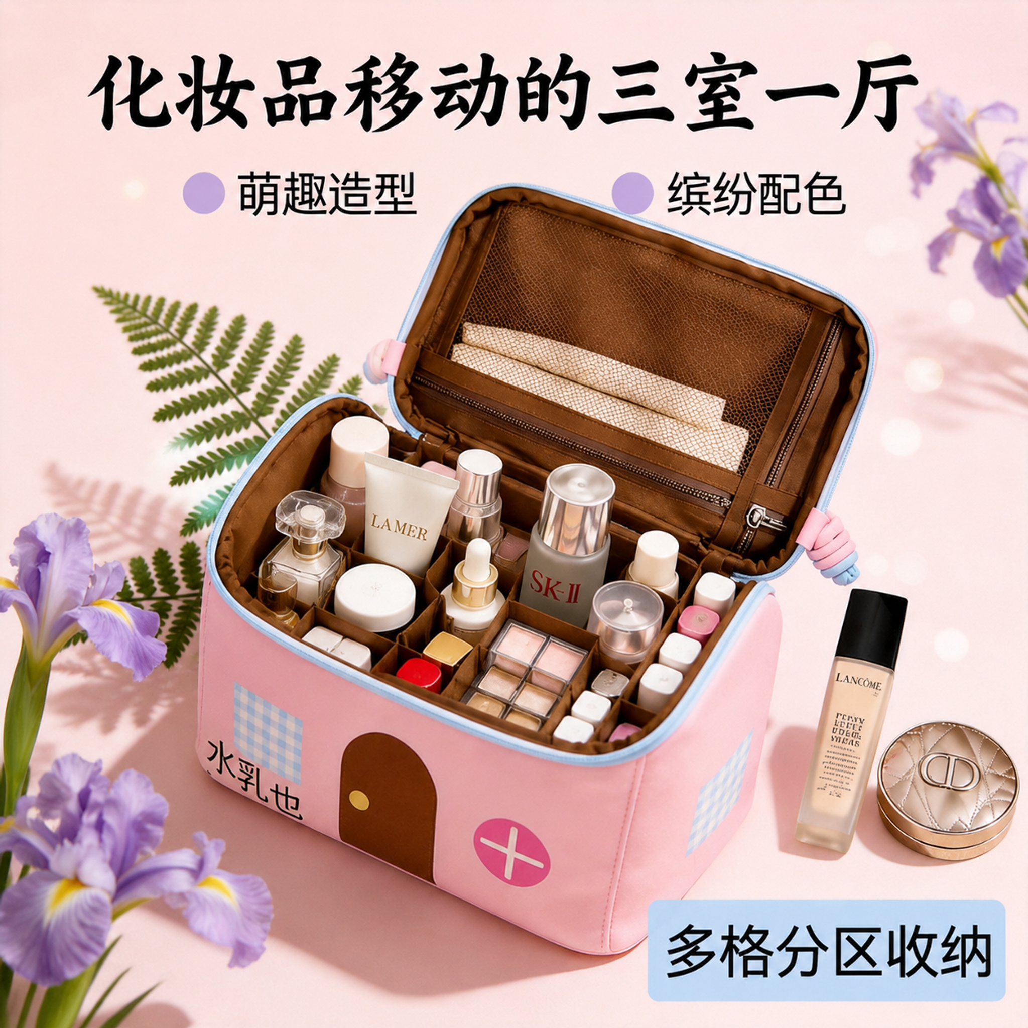 [主图-3] 多巴胺房子化妆包内部容量展示 多格分区收纳 [氛… - 图片创意预览