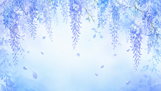 蓝色系紫藤花PPT横版背景，唯美水彩风格，紫藤花垂落，淡蓝色渐变背景，飘落花瓣，清新唯美