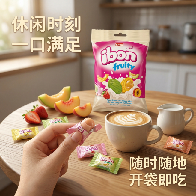垫图：用户上传的ibon fruity土耳其进口水果奶糖产品图，主图主题：日常食用场景体验，氛围风格：高级生活氛围感，自然放松，画面元素：年轻女生（亚洲面孔）手拿着一颗剥开糖纸的ibon奶糖，放在咖啡预览效果