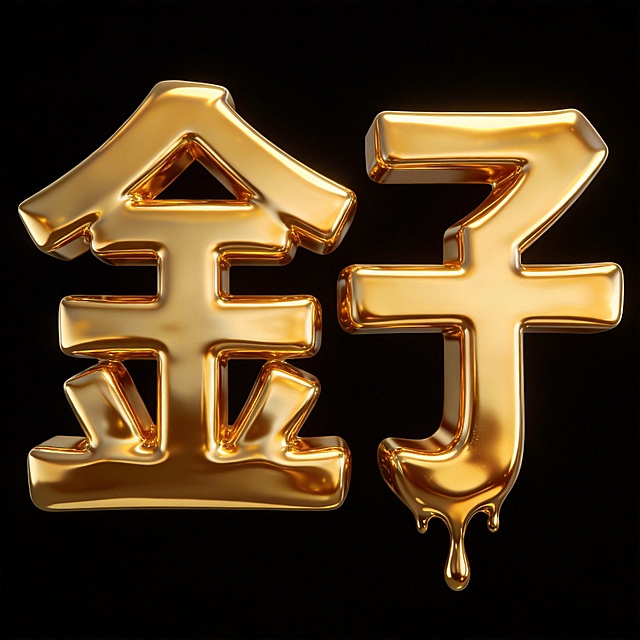 干净的纯黑色背景。3D艺术字体设计，一个字"金子"，所有文字单行横向排列（笔画采用厚重立体的块状结构，笔画表面完全呈现液态黄金质感，高反射率黄金材质，强烈的高光与深邃暗部对比，笔画末端如融化金液自然流淌）。比例1:1。