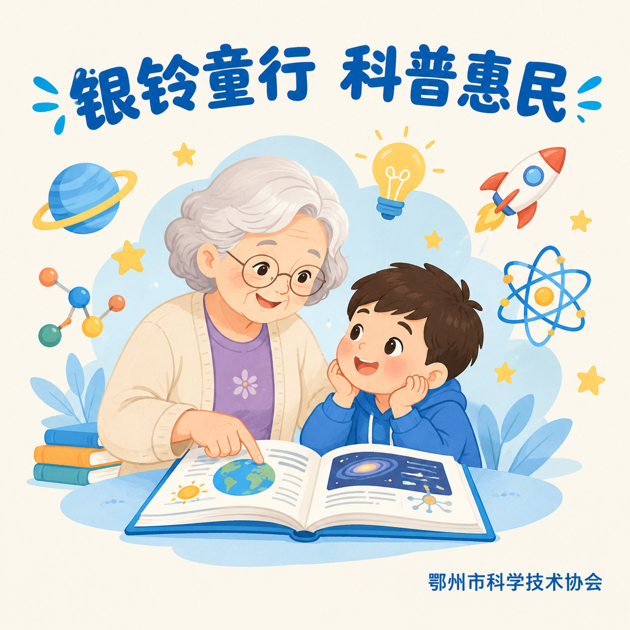 帆布包印花图案设计，温馨扁平化插画风格。画面中央是一位慈祥的银… - 图片创意预览