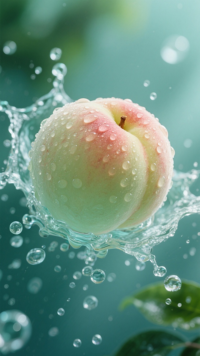 水蜜桃悬浮在半空中，表面覆盖着晶莹的水珠，周围环绕着飞溅的水花和气泡，整体呈现出清新的青绿色调，带有水润的光泽感和透明质感，光线明亮柔和，营造出清凉、新鲜的氛围。