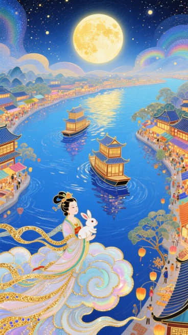 梦幻奇幻风格，全景，近景是嫦娥的怀中抱着小玉兔驾着大祥云，俯瞰着人间。中间是蓝色的河流 ，河流上有两艘精致的楼船，河流两边是万家灯火和热闹的集市，中间偏上是巨大的发光满月，超现实的星空河流世界，梦幻感预览效果