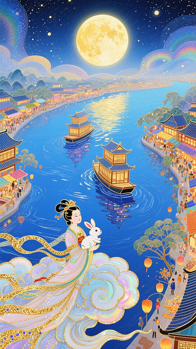 梦幻奇幻风格，全景，近景是嫦娥的怀中抱着小玉兔驾着大祥云，俯瞰着人间。中间是蓝色的河流 ，河流上有两艘精致的楼船，河流两边是万家灯火和热闹的集市，中间偏上是巨大的发光满月，超现实的星空河流世界，梦幻感，色彩以深邃蓝、暖黄为主，搭配金色点缀。